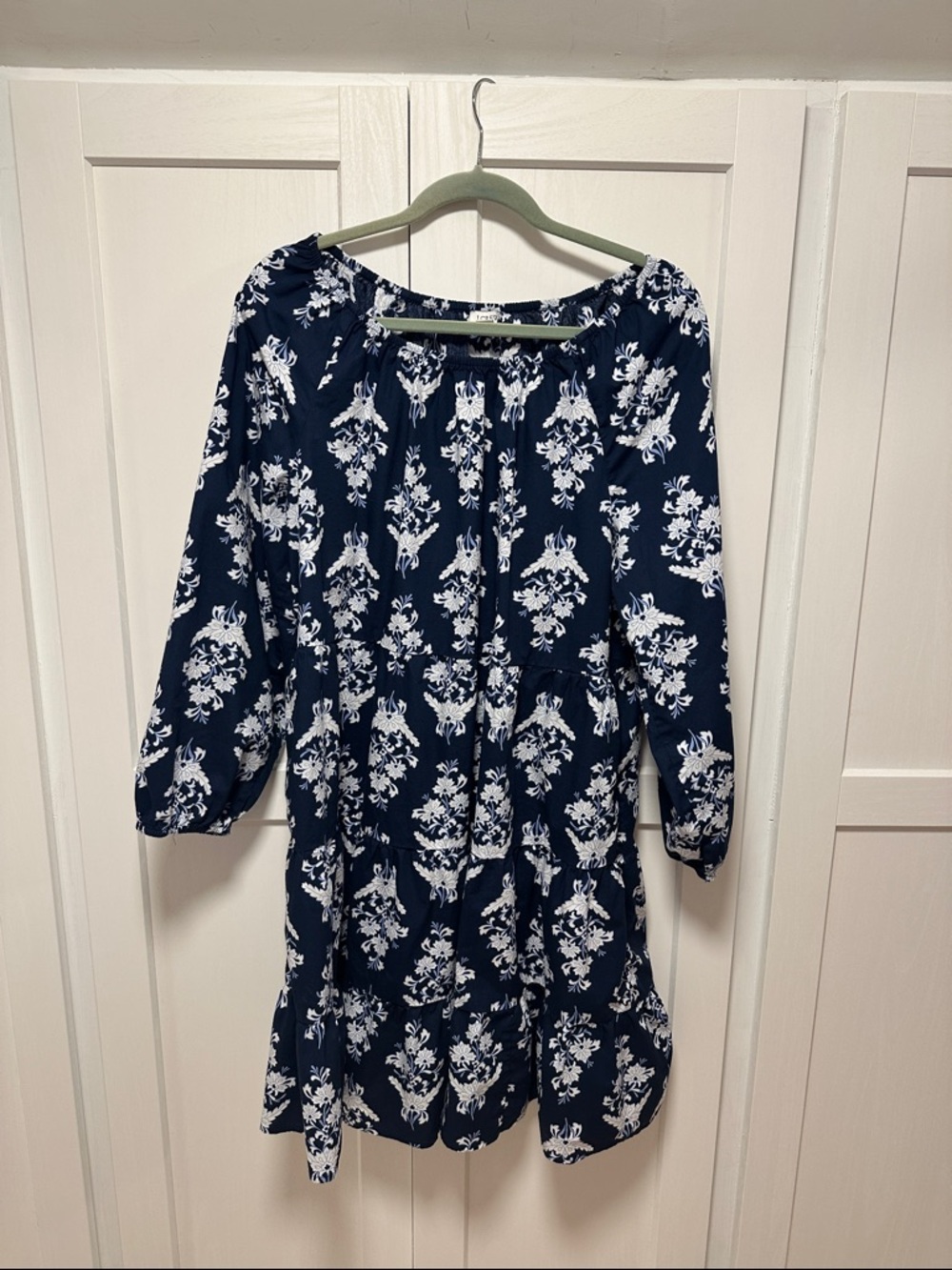 J. Crew Navy Blue and White pattern tiered Dress. Sz xl